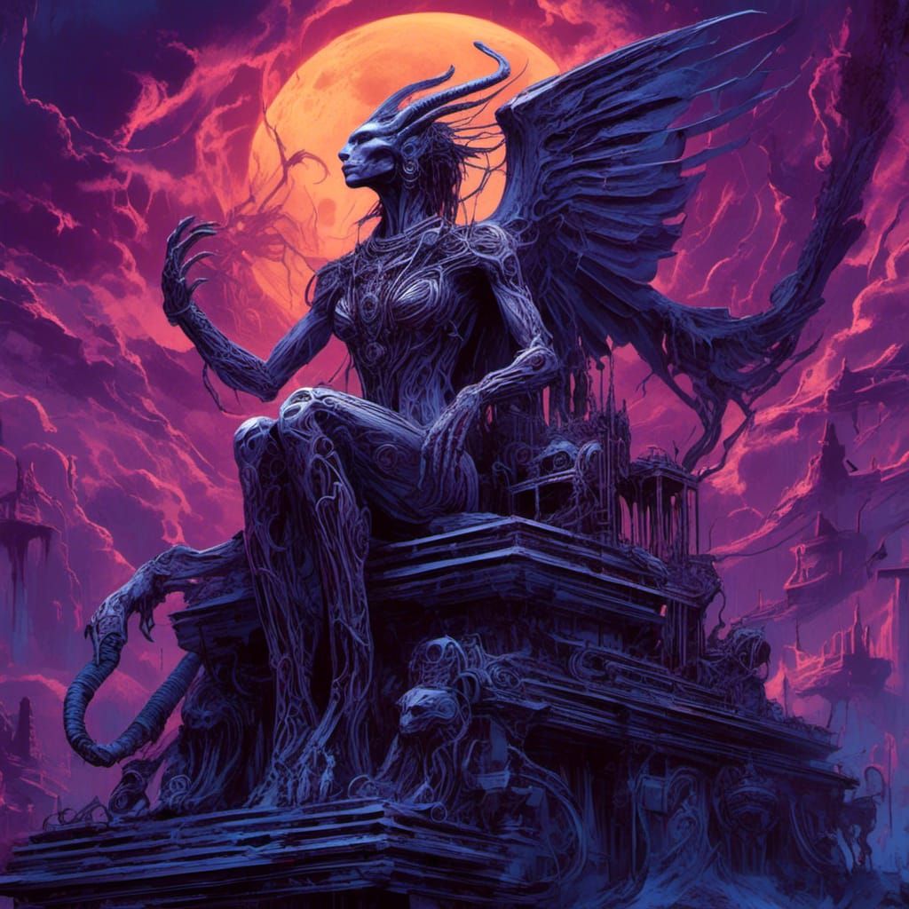 Mythical Sphinx in Surreal Biomechanical Landscape