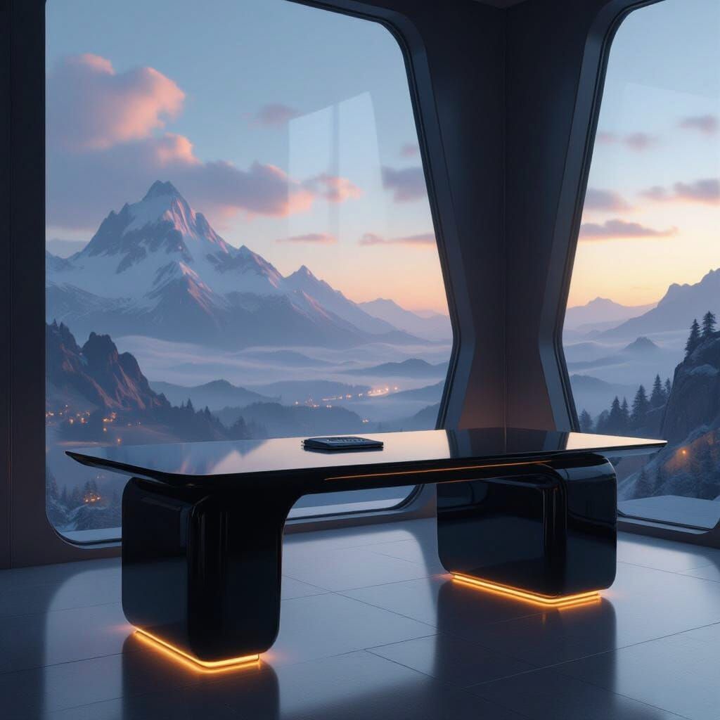 Futuristic Black Desk with Dreamy Landscape View