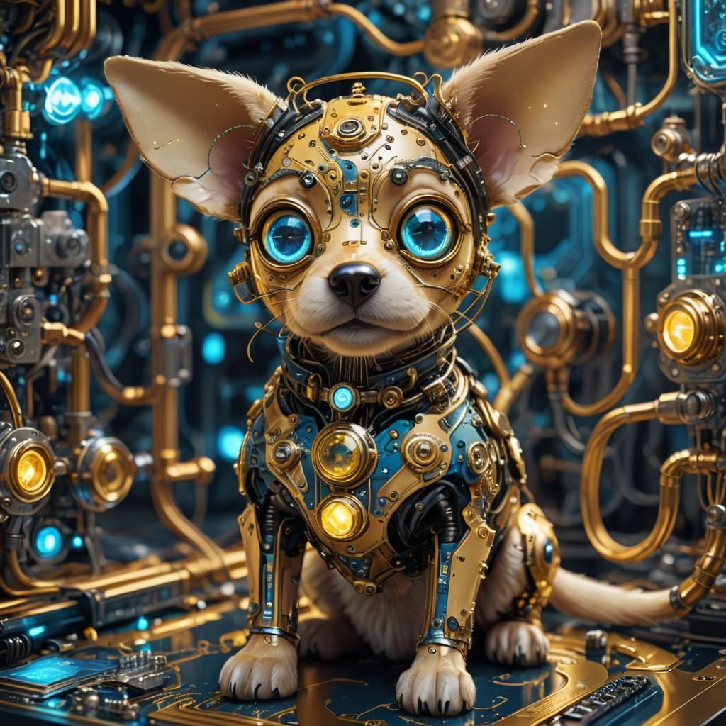 Steampunk Chibi Dog with Glowing Circuit Board