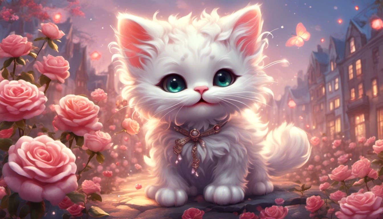 <lora:NC Hyperreal:1.0> vibrant detailed adorable chibi happy cat on a rose day glowing Whimsical creature roaming the s...