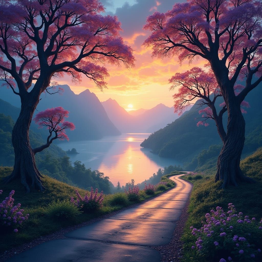 Fantasy Lake Vista with Serpentine Road