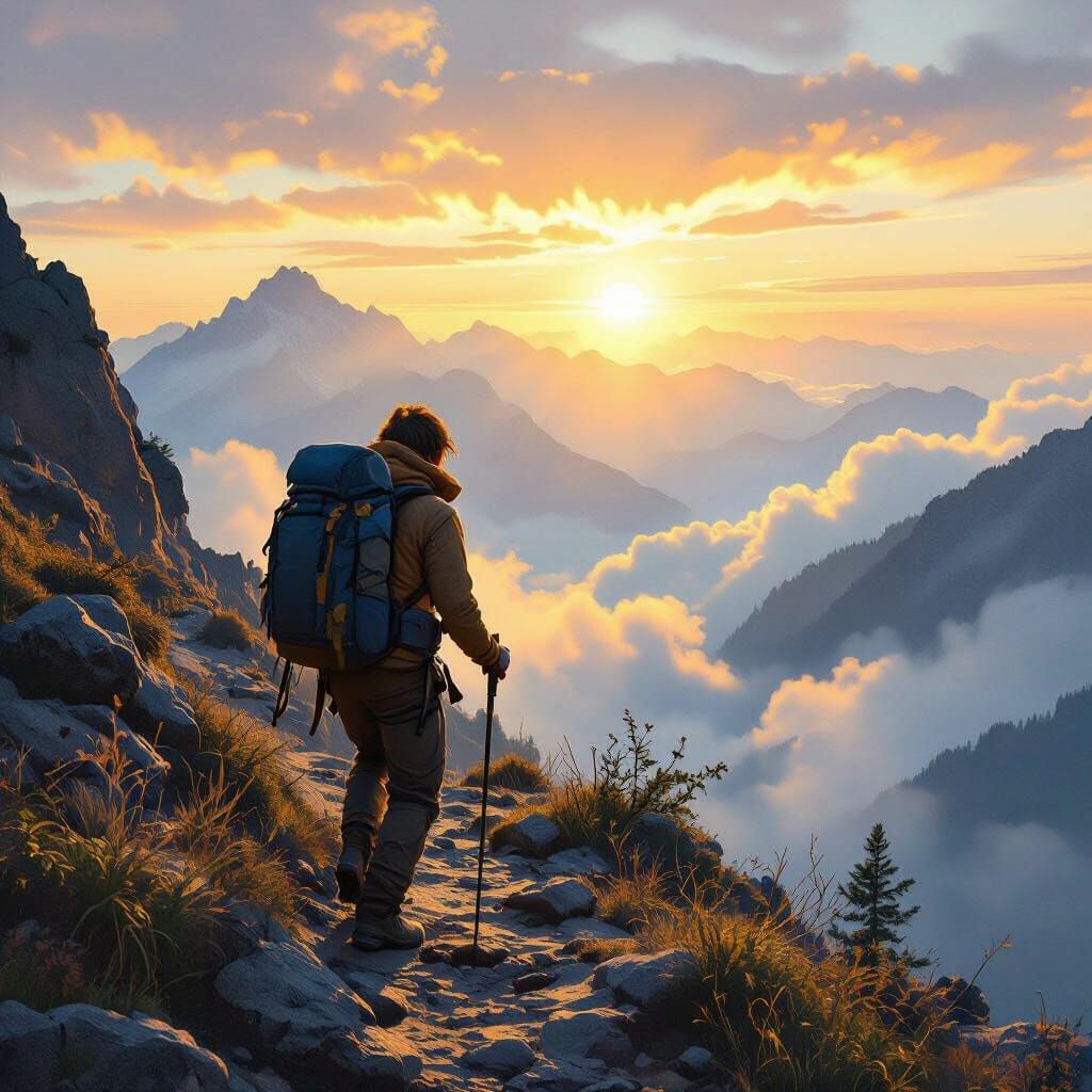 Hiker Climbing Mountain at Dawn in Romantic Style