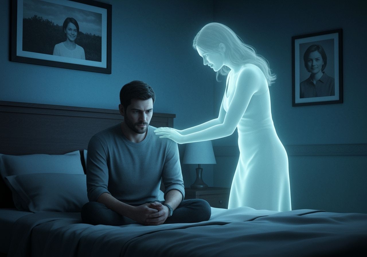 Ethereal Ghost Comforts Widower in Romantic, Mysterious Room