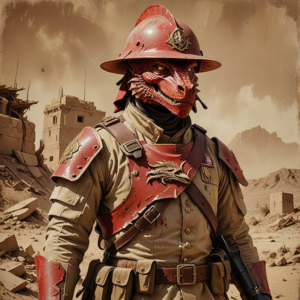 Red Dragonborn Colonial Soldier on Desolate Battlefield