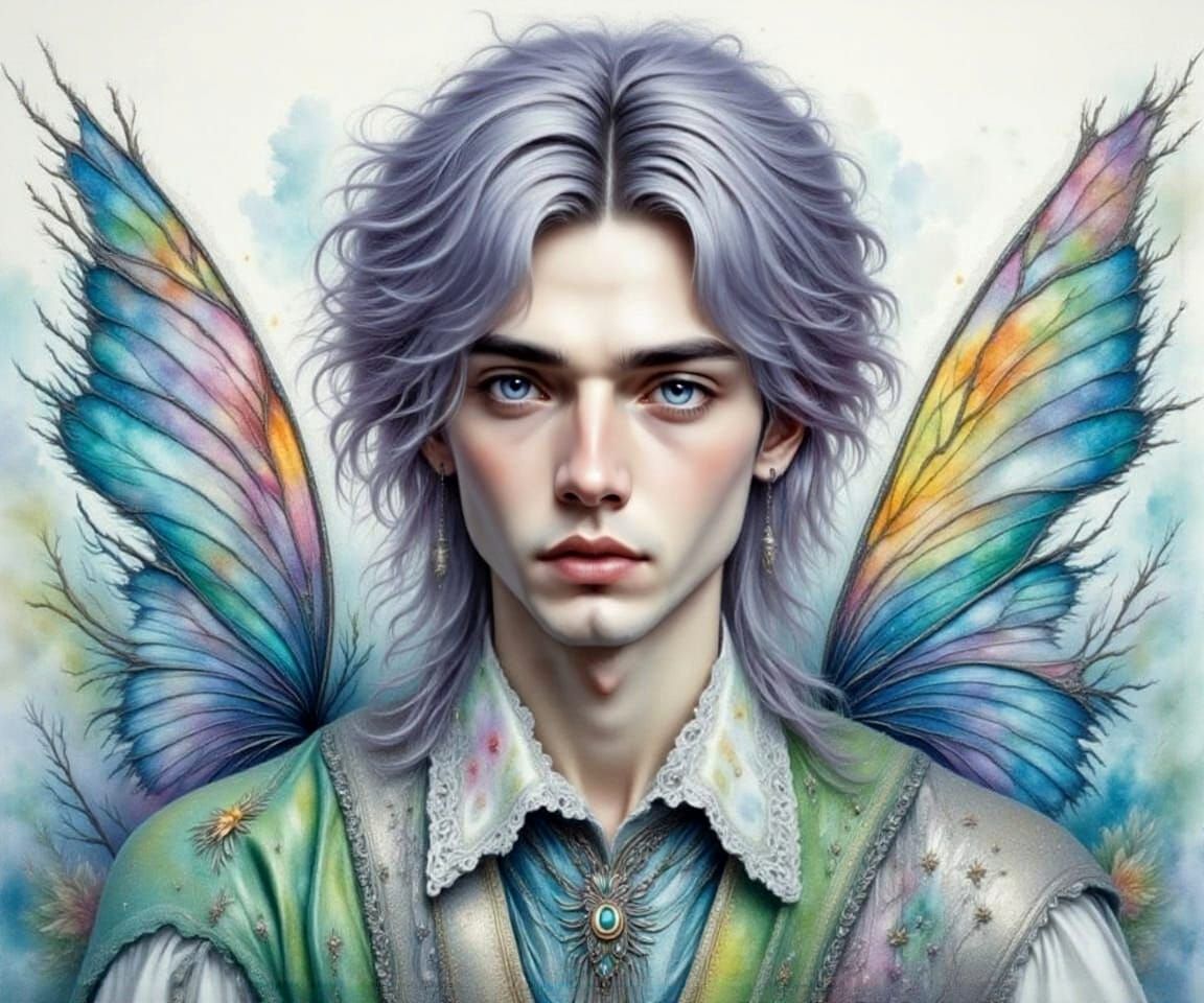 Man in Watercolor Fairy Tale Costume with Lilac Hair