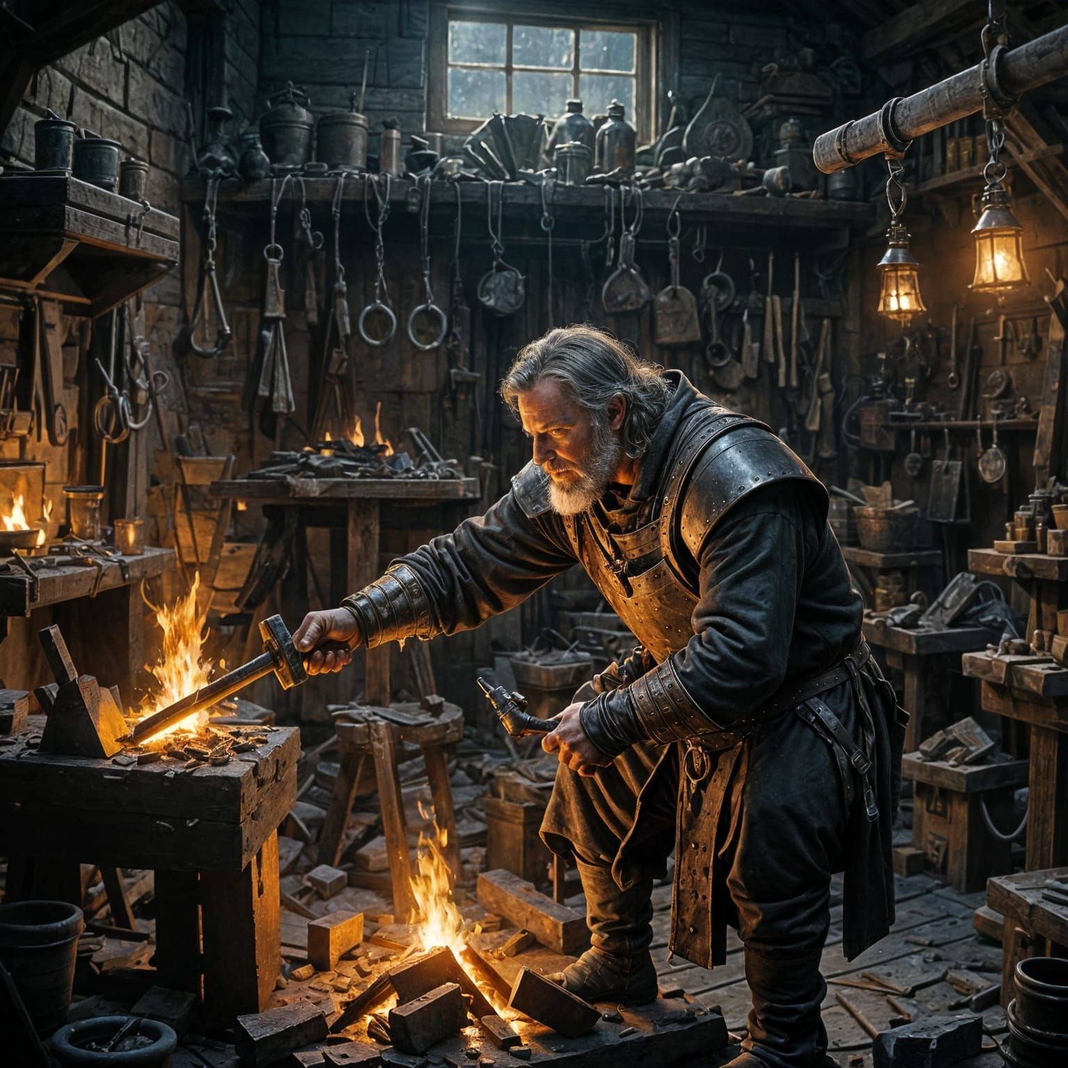 Medieval Weaponsmith in Workshop: Fantasy Oil Painting