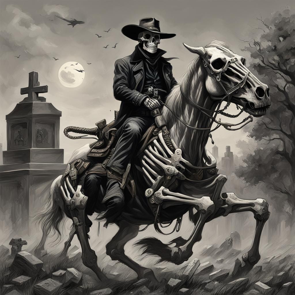 Gothic Skeleton Cowboy Rides Dead Horse