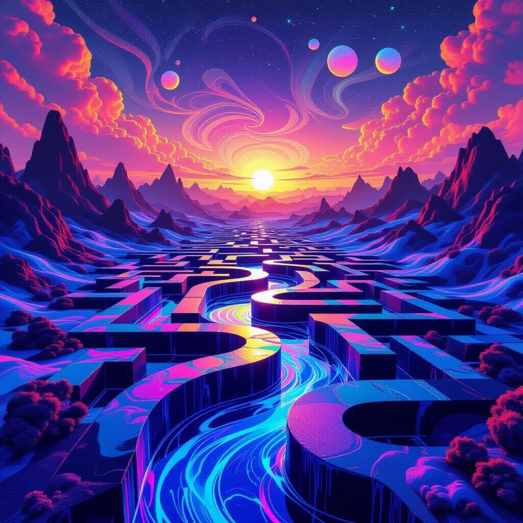 Mesmerizing Ferrofluid Maze in Psychedelic Digital Art