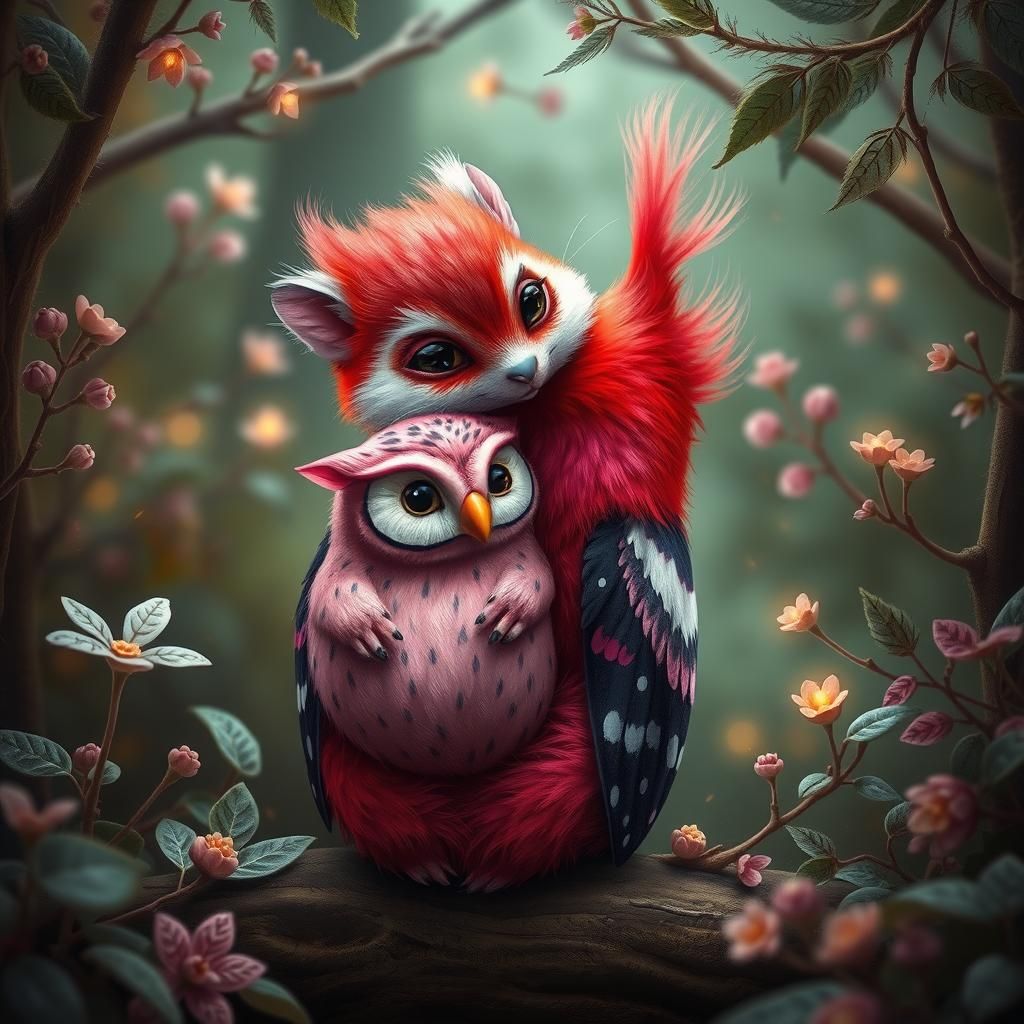 Hamster-Woodpecker Cuddles Owl in Fantasy Forest