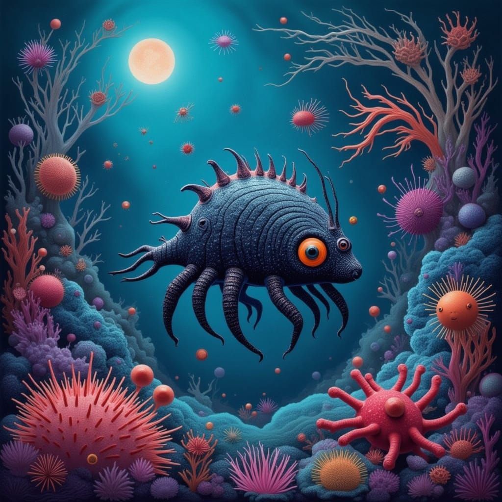 <lora:CRAWDAD SONG:1.0> <lora:THALASSA SEA:1.0> <lora:SQUIGGLE SEA:1.0> <lora:Archetypal Images:1.0> A tardigrade swimmi...