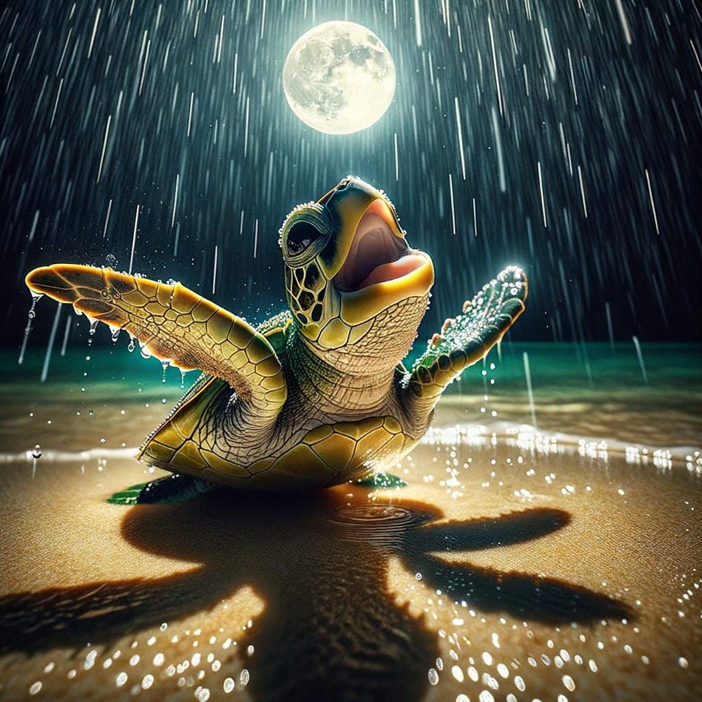 Joyous Sea Turtle Singing in Rainy Moonlight
