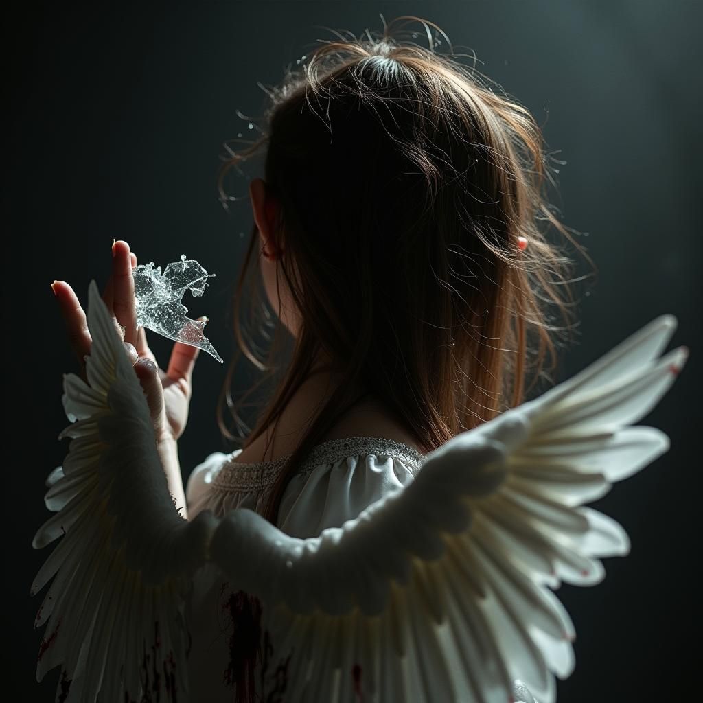 Monochrome Angel with Glass Shard, Dramatic Portrait