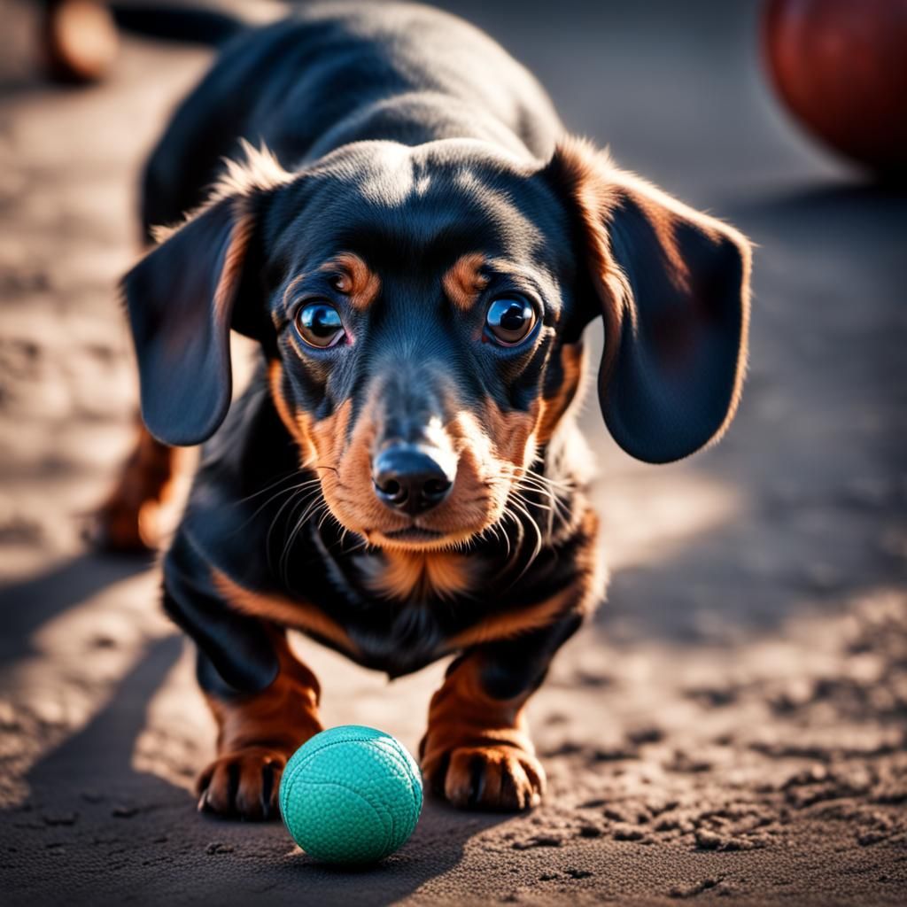 Hyperrealistic Dachshund Dog with Ball in Cinematic Style