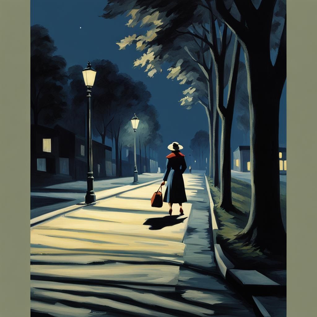 Woman Walks Shaded Street at Night in Hopper Style