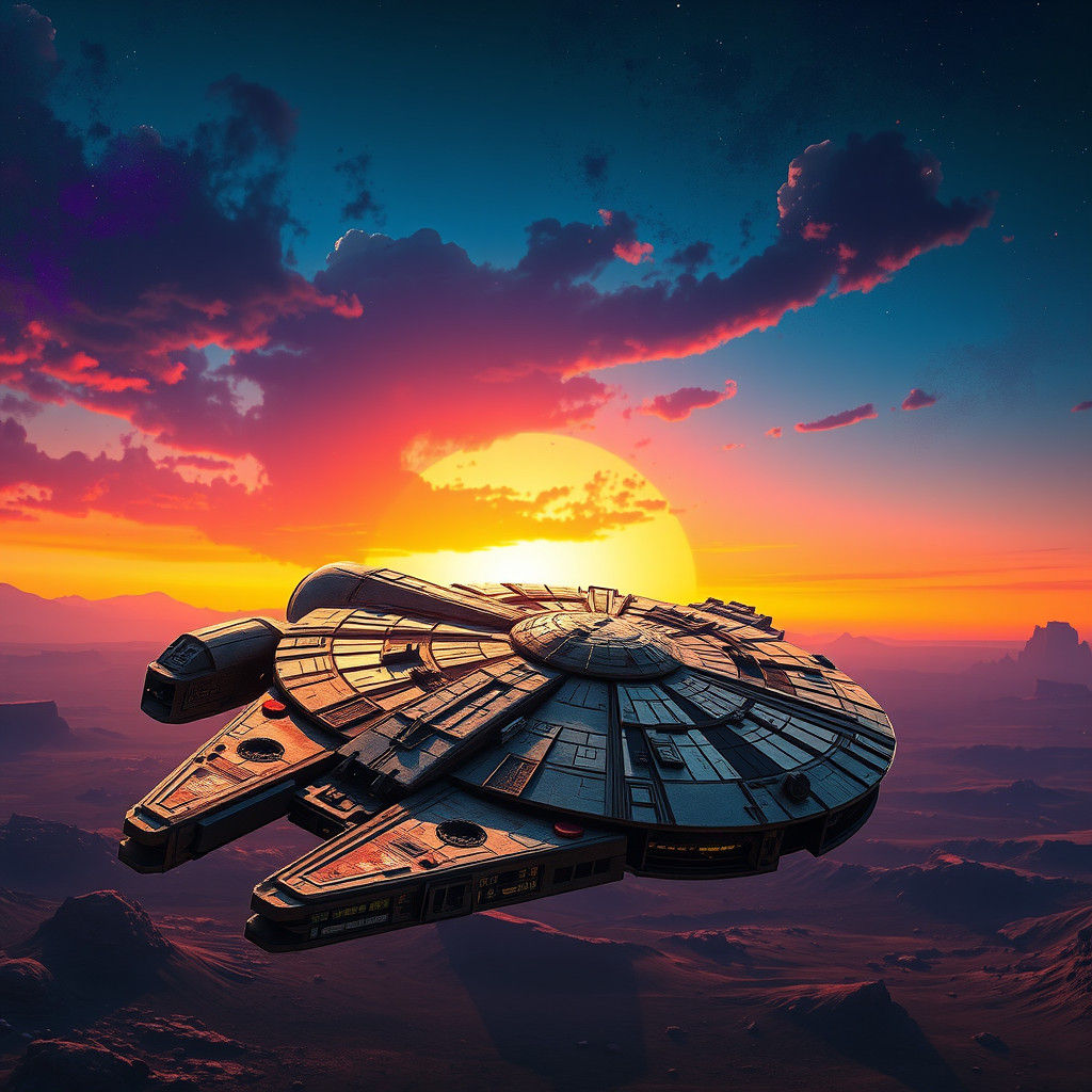 Millennium Falcon Against Binary Sunset: Concept Art