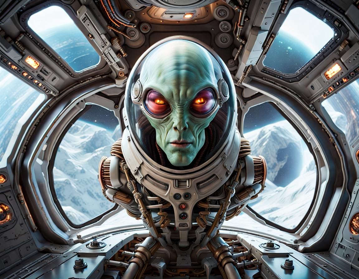 Biomechanical Alien in Spaceship in Steampunk Style