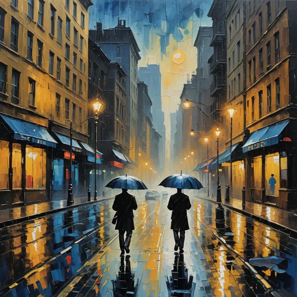 Neo-Expressionist Silhouette in Rain-Soaked Cityscape