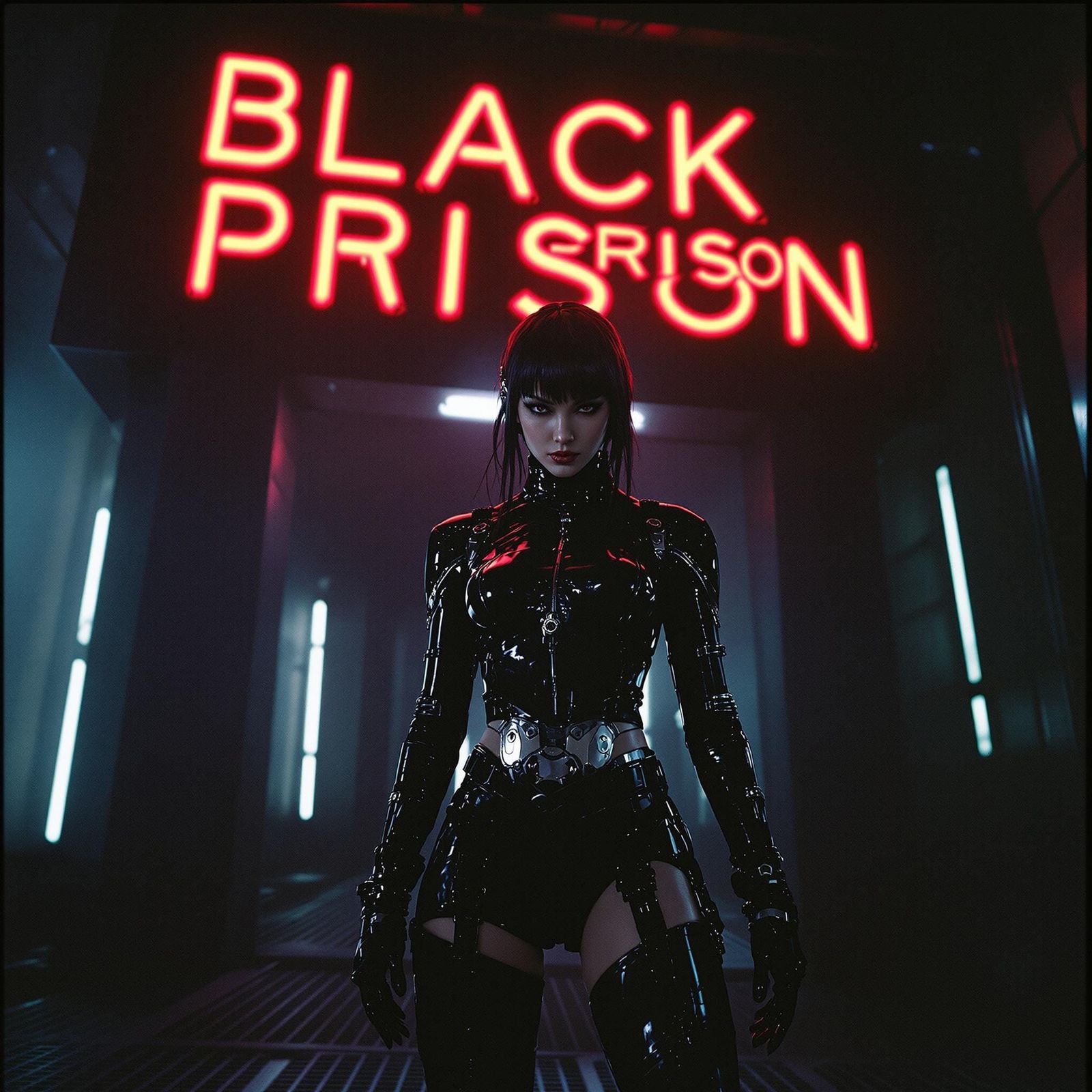 Cyberpunk Goddess in Black Leather Guard Uniform
