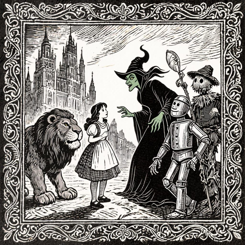 Wicked Witch Confronts Dorothy, Woodcut Style