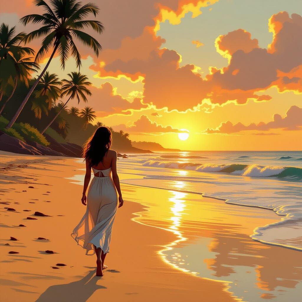 Sunset Stroll on Goa Beach in Digital Art Style