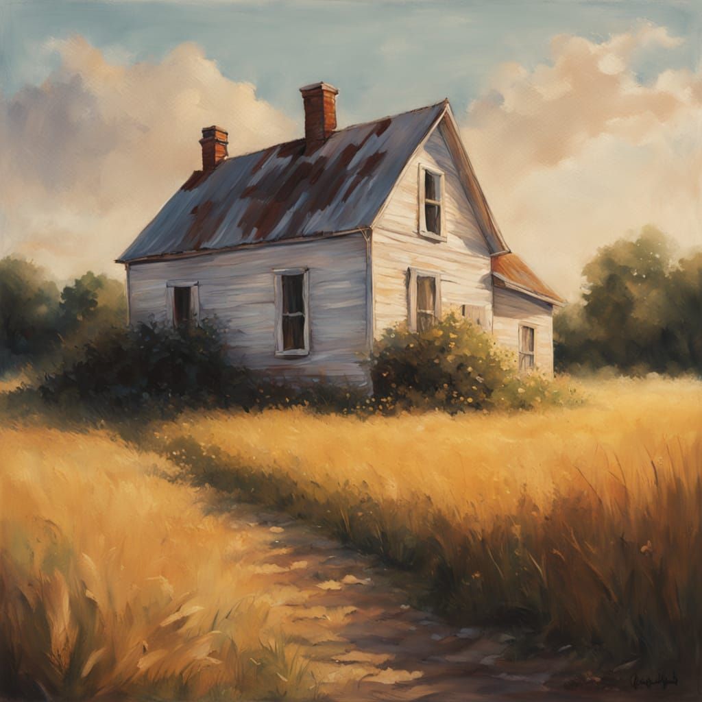 Farmhouse in Wheat Field: Hyperrealistic Oil Painting
