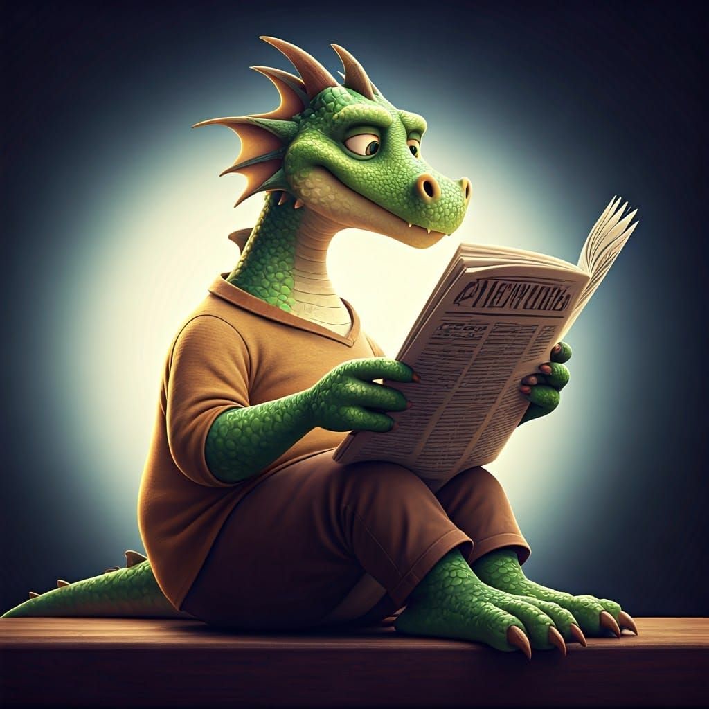 Gentle Grandfather Dragon Reads Newspaper: 3D Digital Art