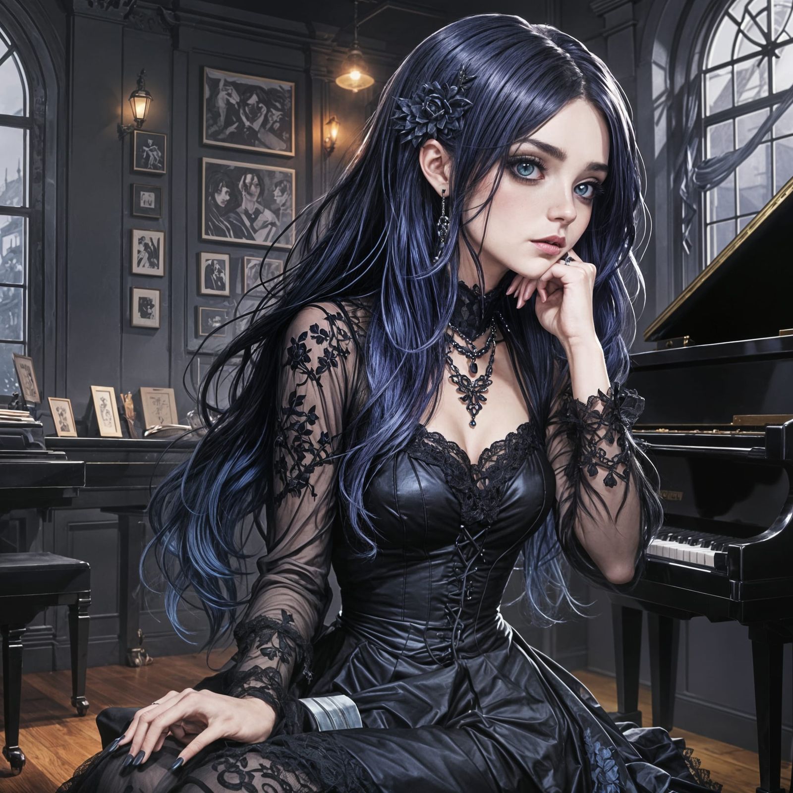 Brooke: Dark Fantasy Anime Goth Girl at Piano