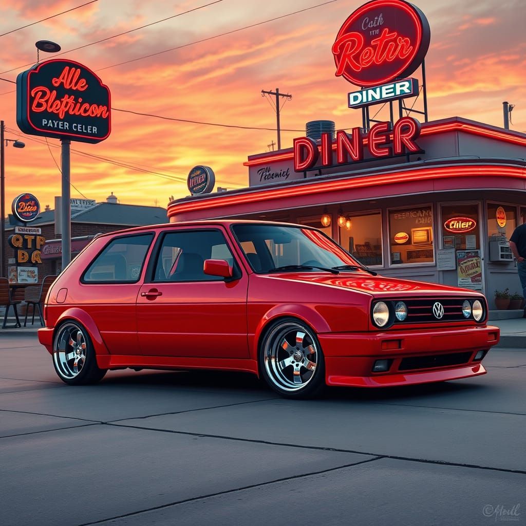 Candy Red GTI at Retro Diner, Stylized Design