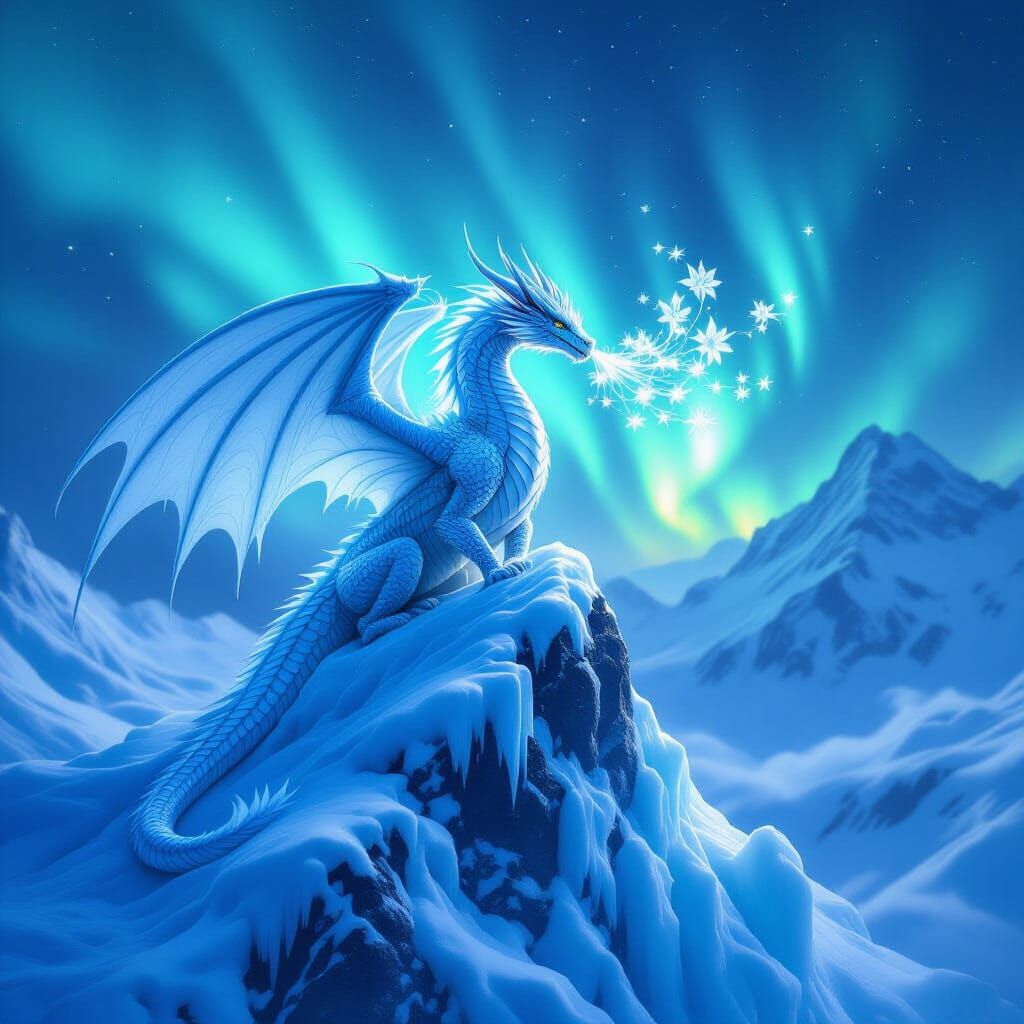 Majestic Ice Dragon Exhales Frost Flowers Under Northern Lig...