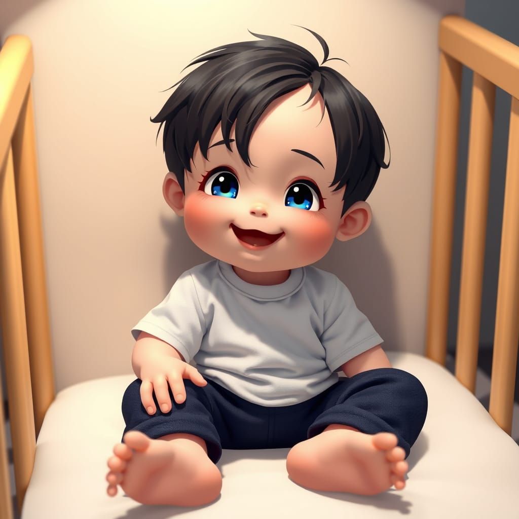 Joyful Infant Boy in Crib, Anime Style