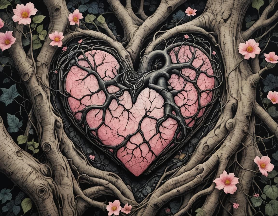 Fantasy Heart Stone Etching in Victorian Gothic Style