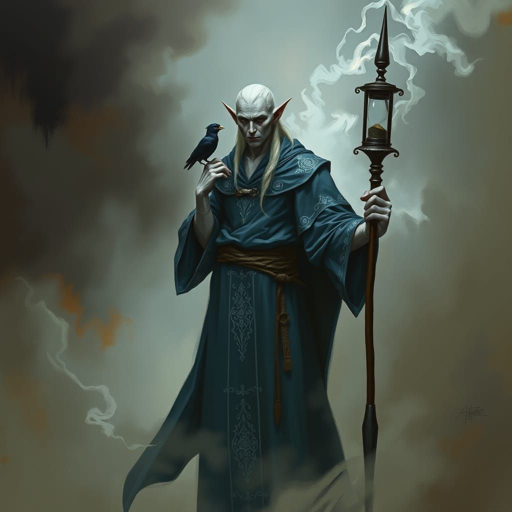 Mysterious Gray Elf Surrounded by Ominous Mist in Dark, Mood...