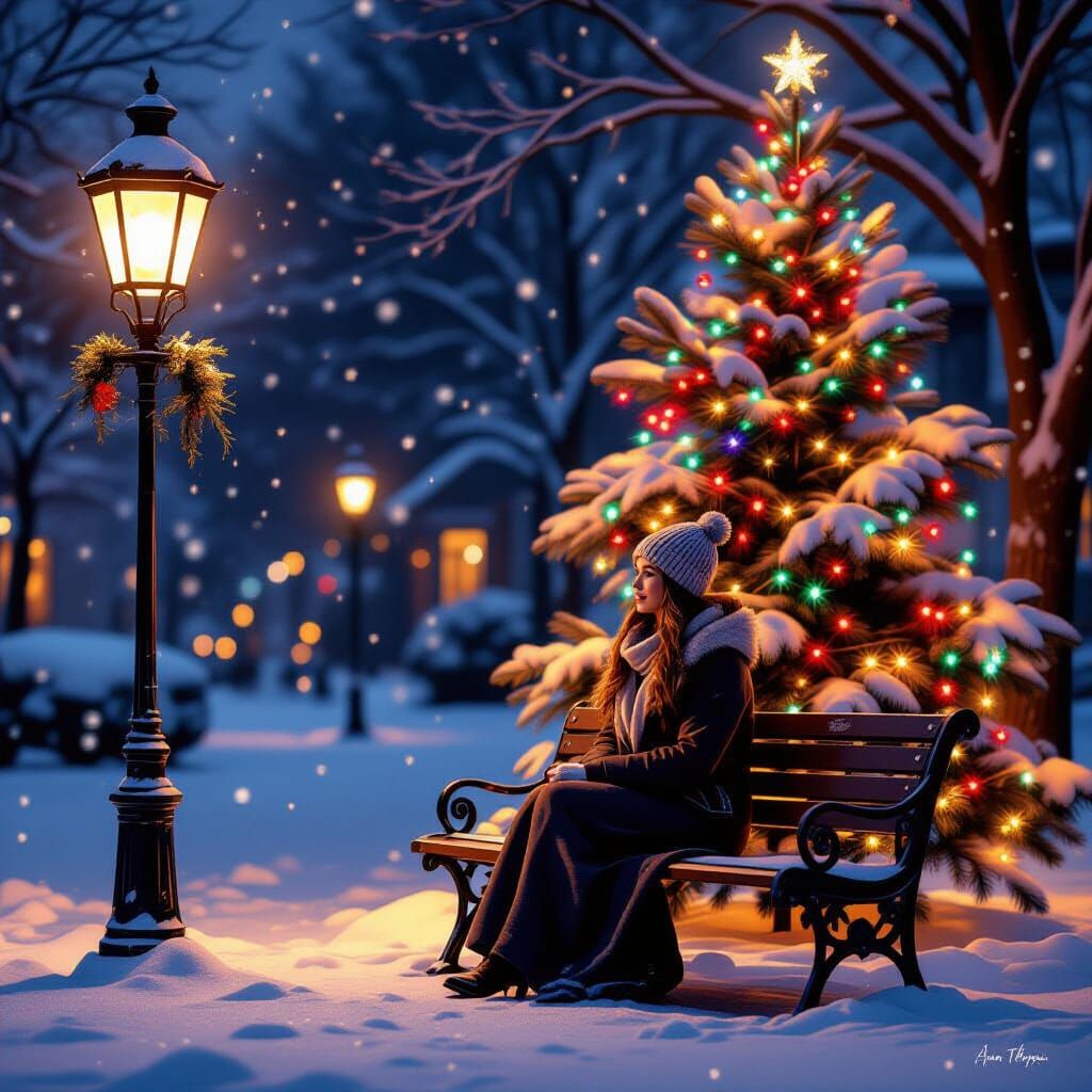 Snowy Night Scene with Woman on Bench