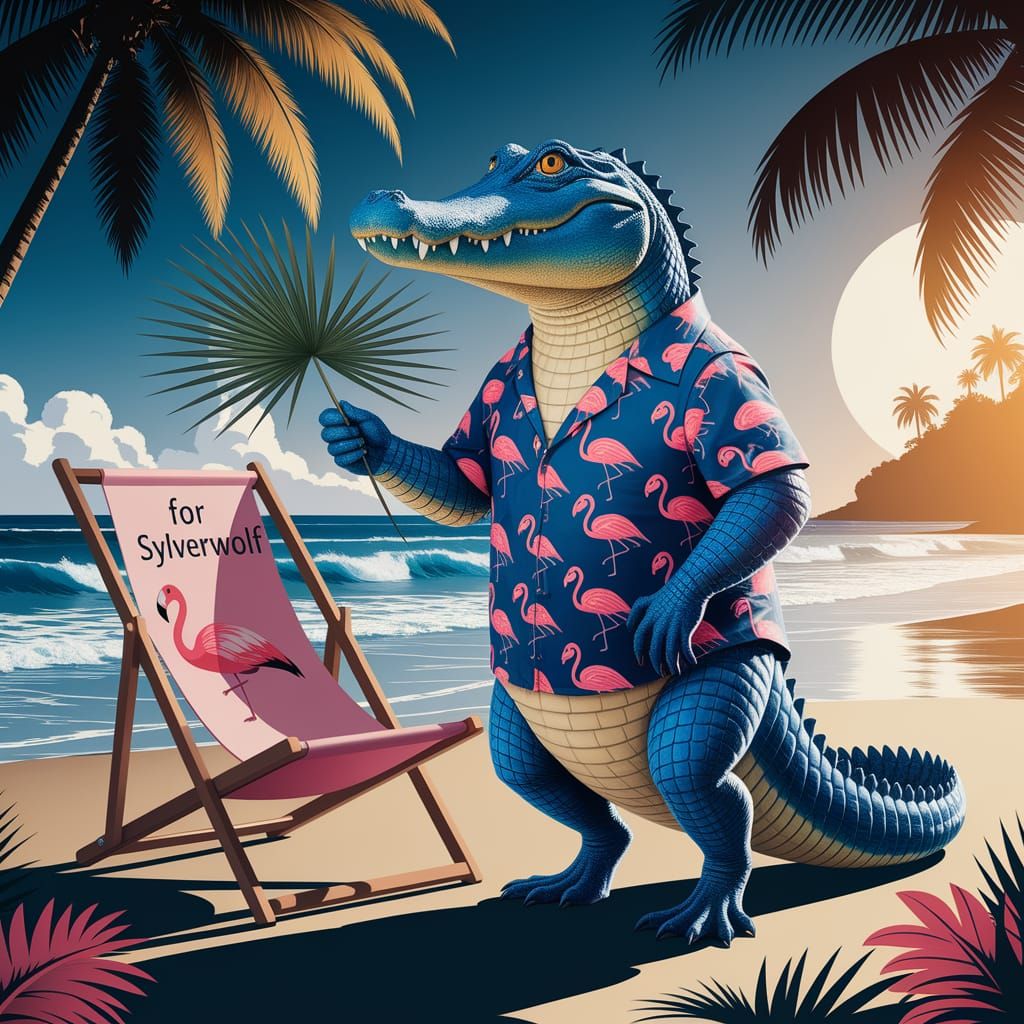 Alligator on Beach with Flamingo Shirt