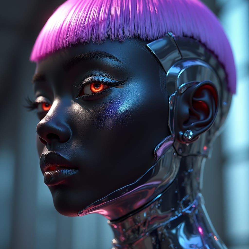 Cyberpunk Goddess in High-Tech Chrome Armor