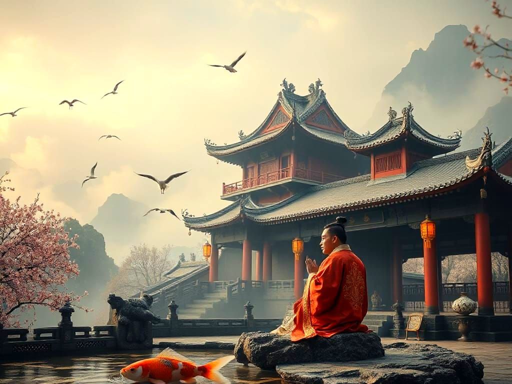 Majestic Chinese Palace with Dragons and Emperor