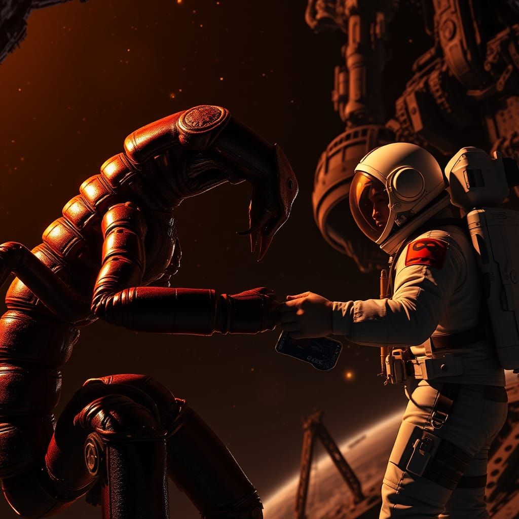 Alien and Astronaut Repairing Space Station in Space