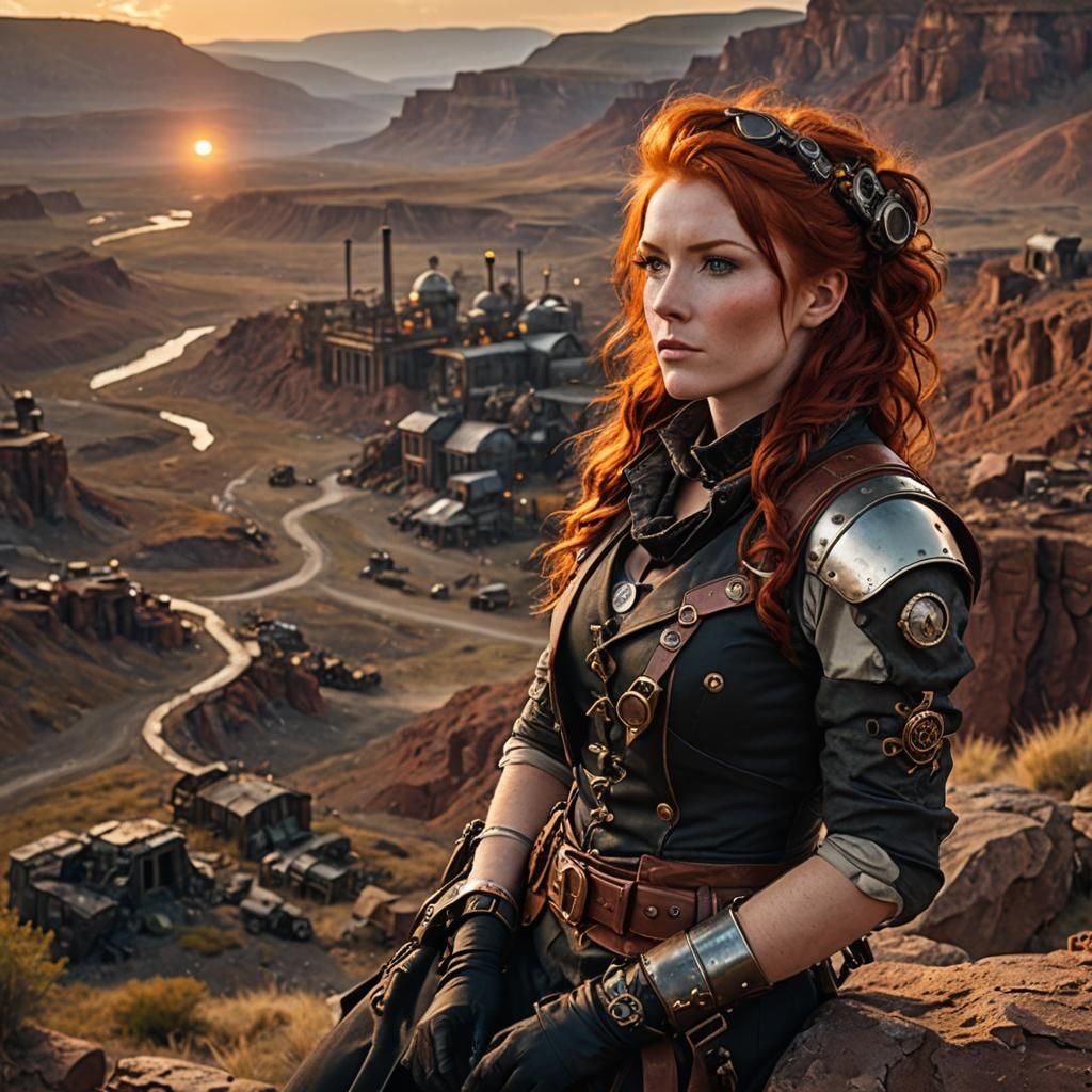 Steampunk Adventurer Watching Sunset in Wasteland