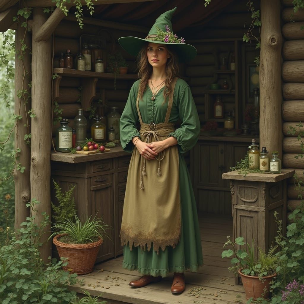 Nature Witch in Cabin, Art Nouveau Style