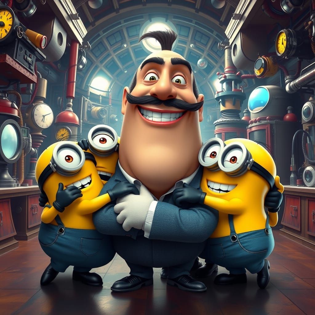 Villainous Laughter: Gru Surrounded by Minion Hugs in Whimsi...