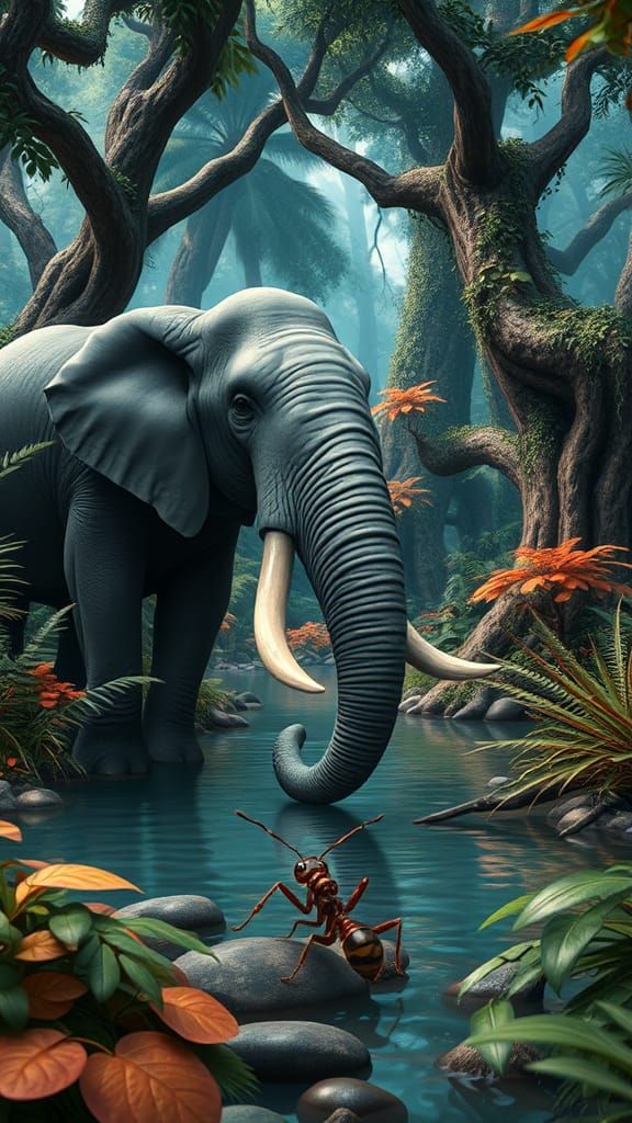 Elephant and Ant in Forest, 3D Cartoon Style