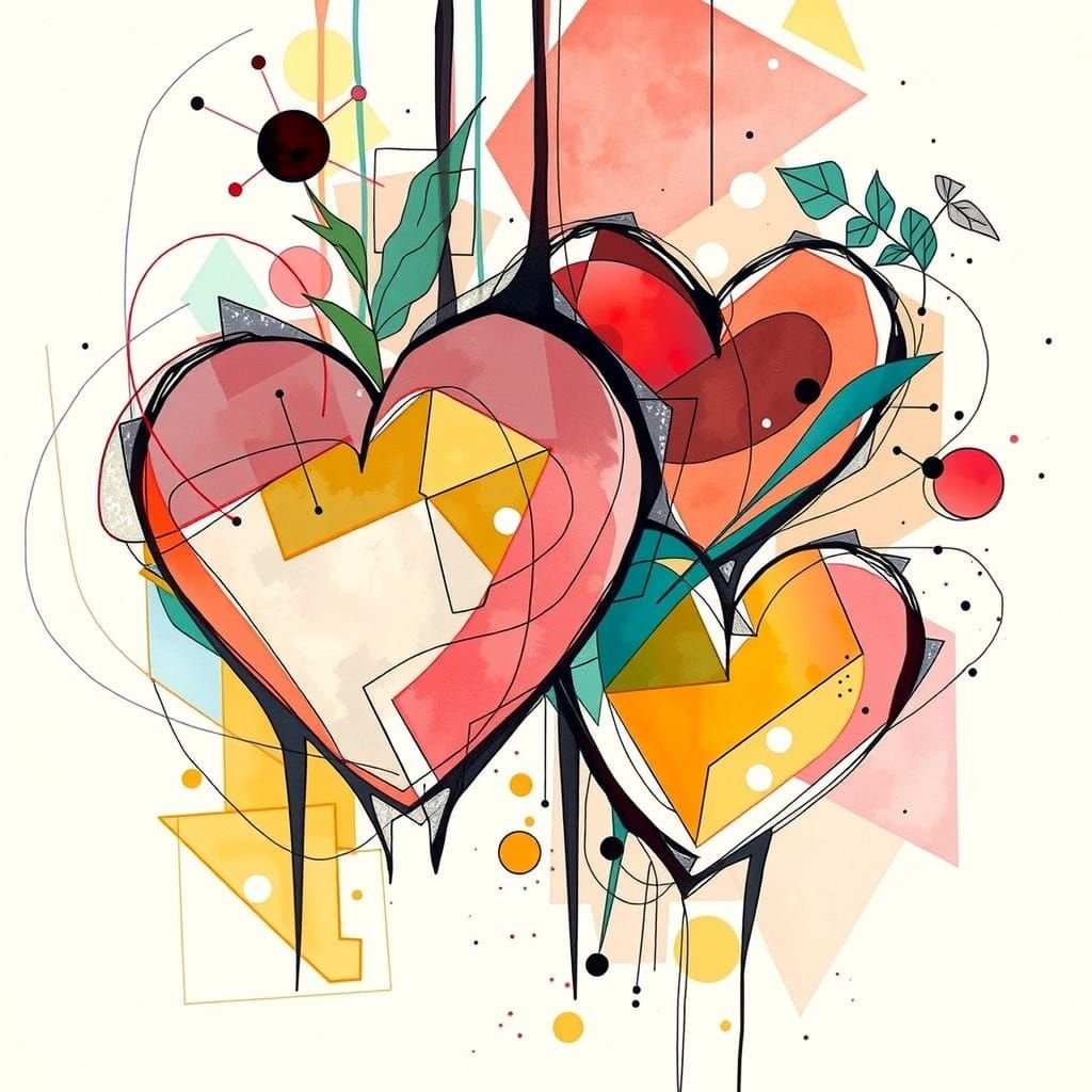 Abstract Hearts in Pastel Watercolor Cubist Design