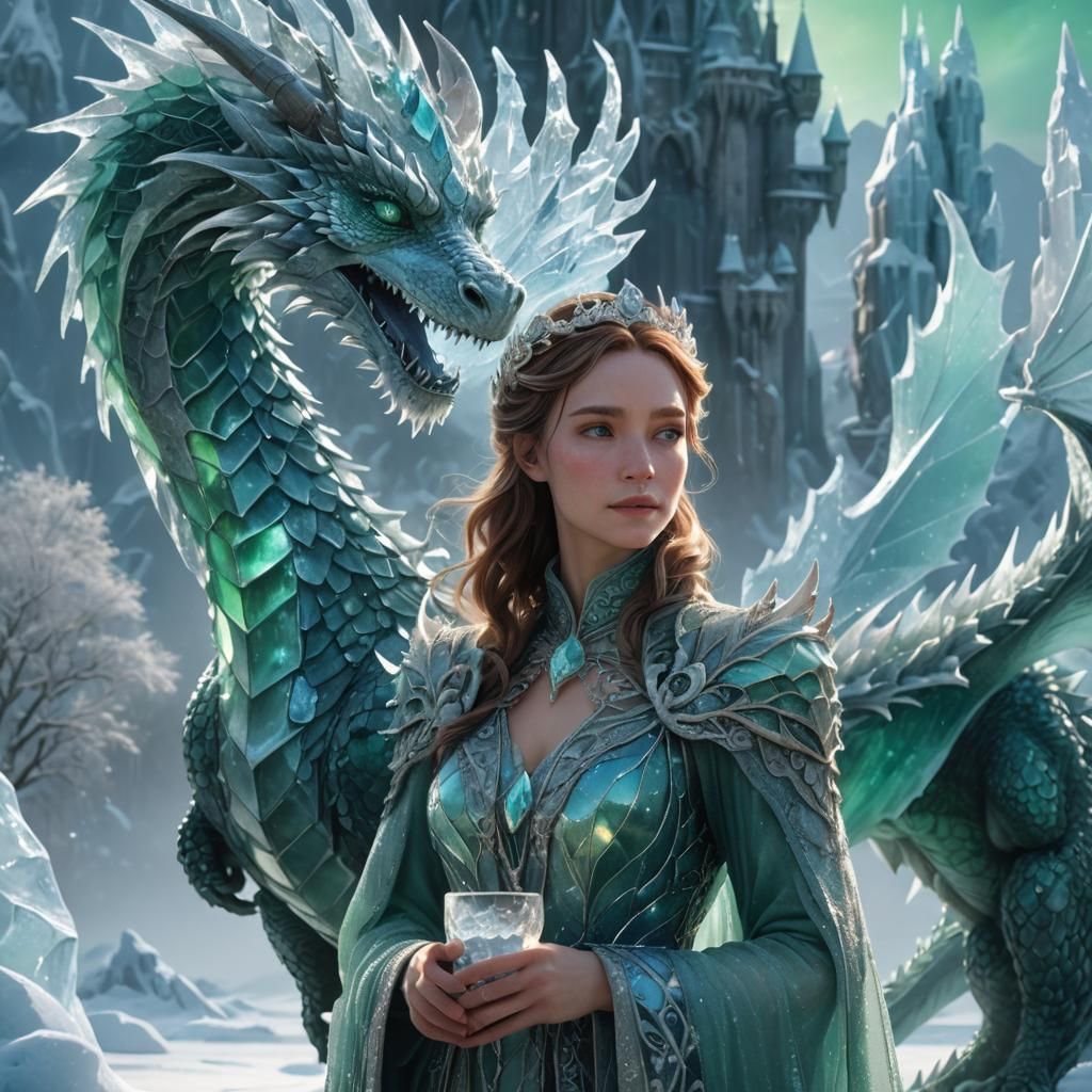Glass Girl and Dragon in Winter Crystal Landscape