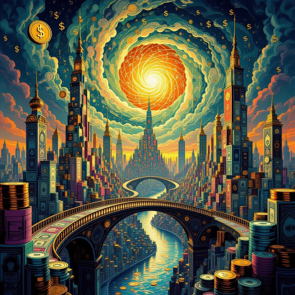 Fantastical Cityscape of Money and Coins in Engraving Style