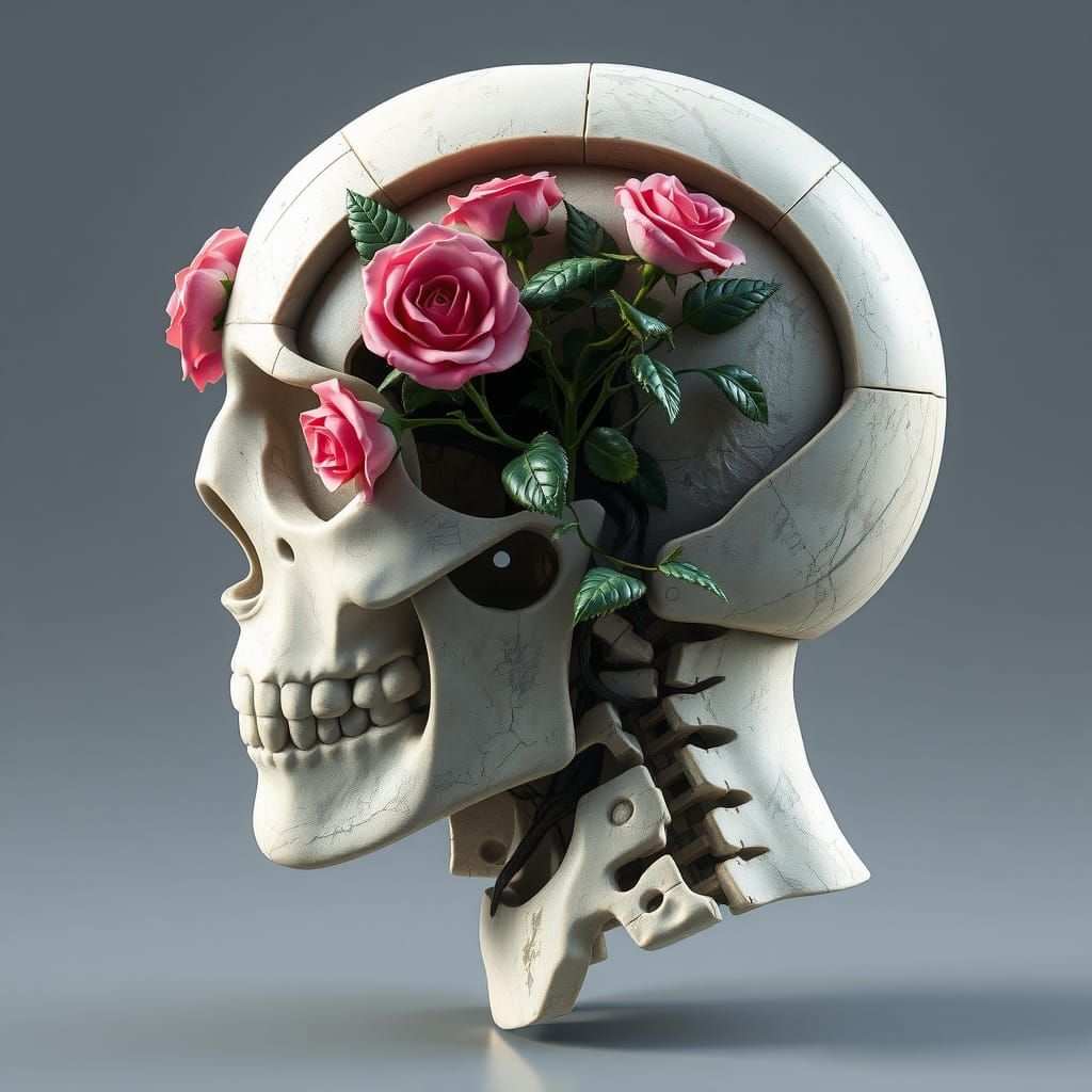 Marble Head Cross-Section with Rose Bush