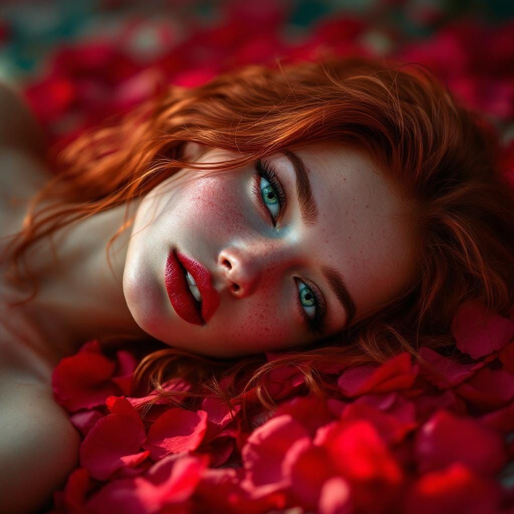 Hyperrealistic Redhead on Roses with Dramatic Lighting