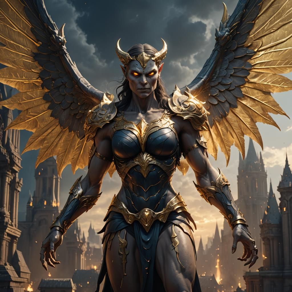 Gargoyle Woman with Golden Eyes, Fantasy Concept Art