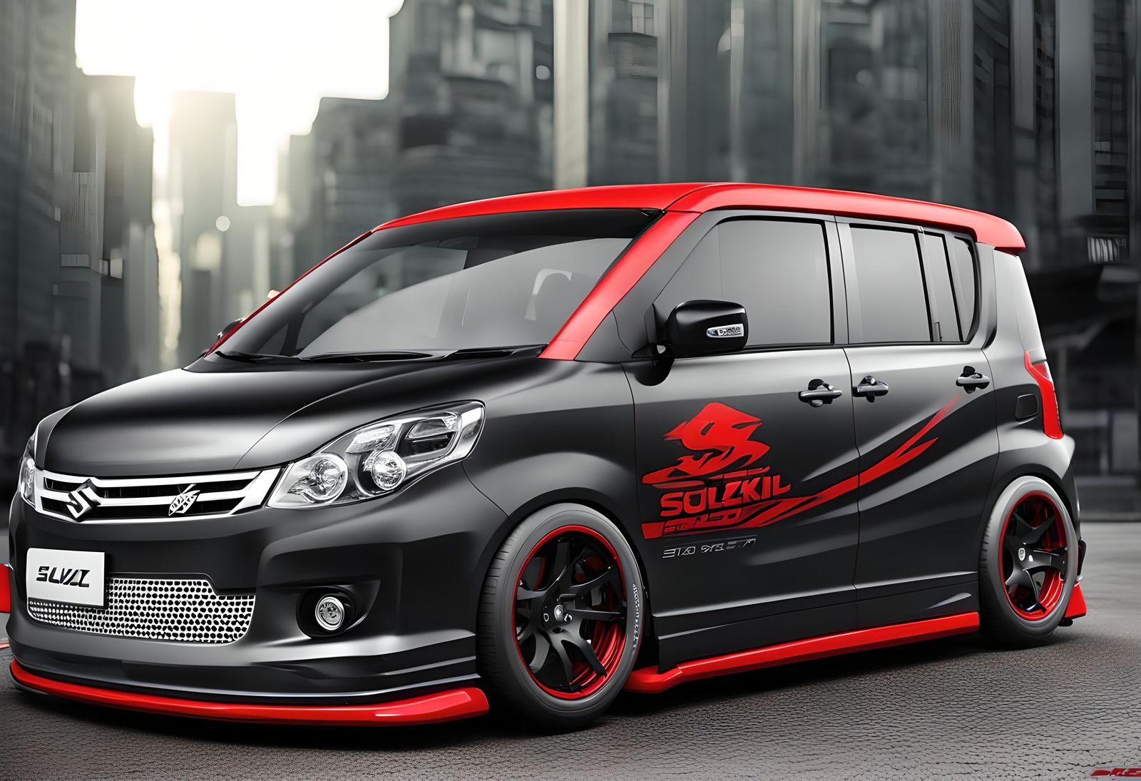 Customized Black Suzuki Solio with Red Stickers
