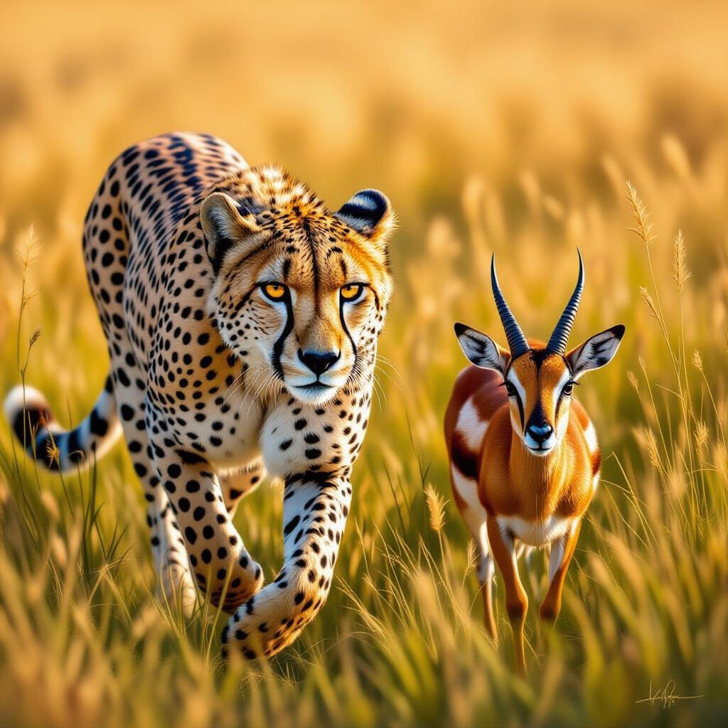 Majestic Cheetah Hunts Gazelle in Hyperrealistic Digital Pai...