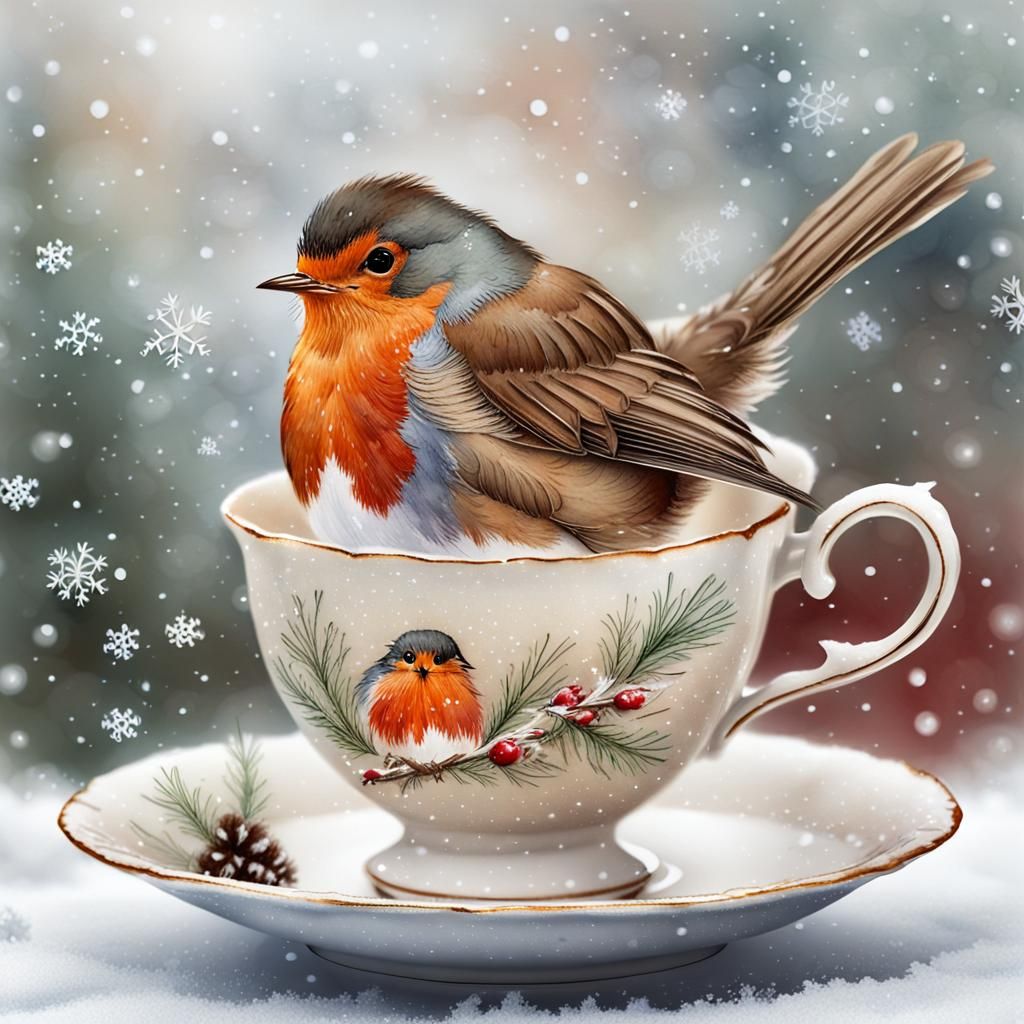 Robin in Teacup: Whimsical Watercolor Bird Art